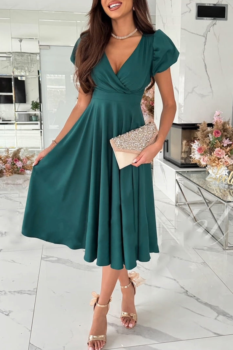 Sexy Solid Color Ruched V Neck A Line Dresses