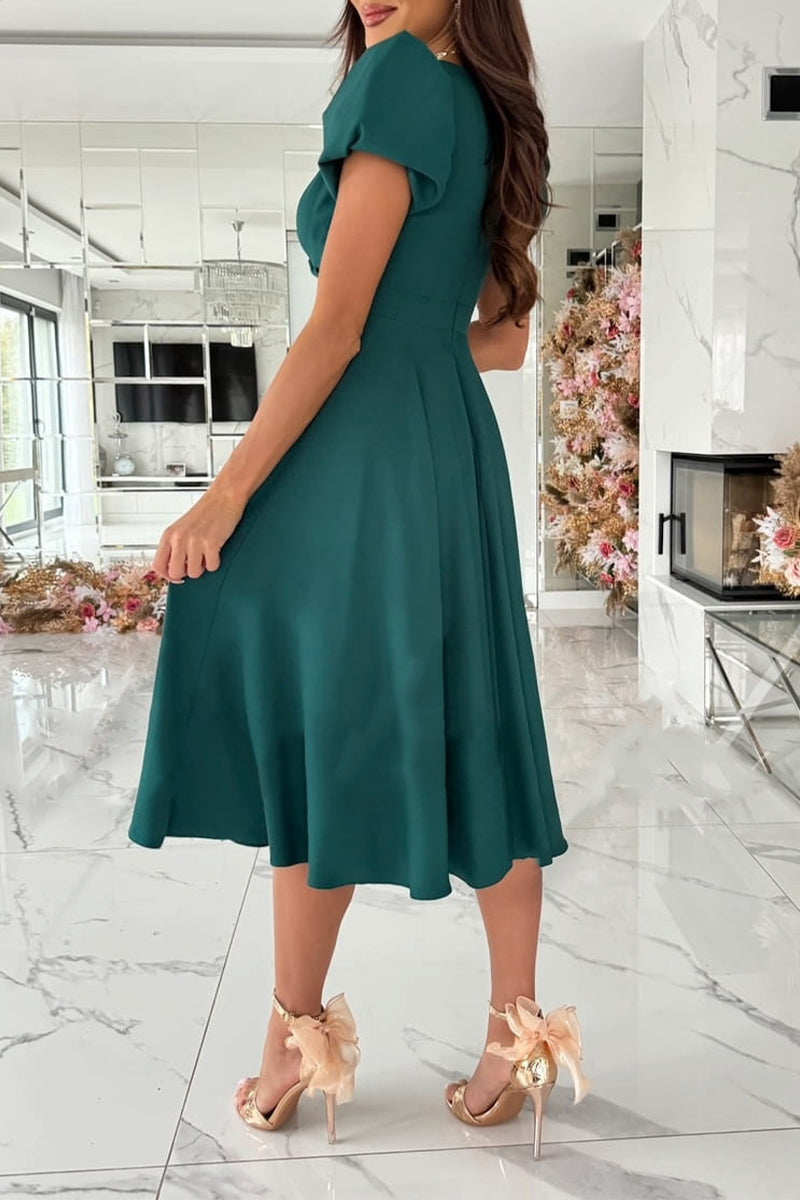 Sexy Solid Color Ruched V Neck A Line Dresses