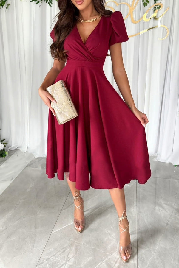 Sexy Solid Color Ruched V Neck A Line Dresses