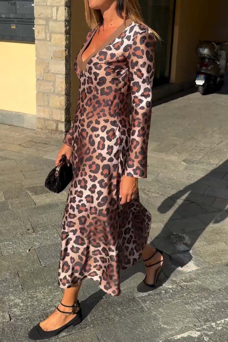 Casual Street Leopard Contrast V Neck Long Sleeve Dresses