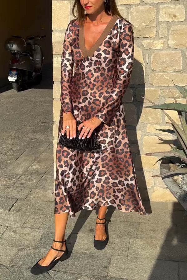 Casual Street Leopard Contrast V Neck Long Sleeve Dresses