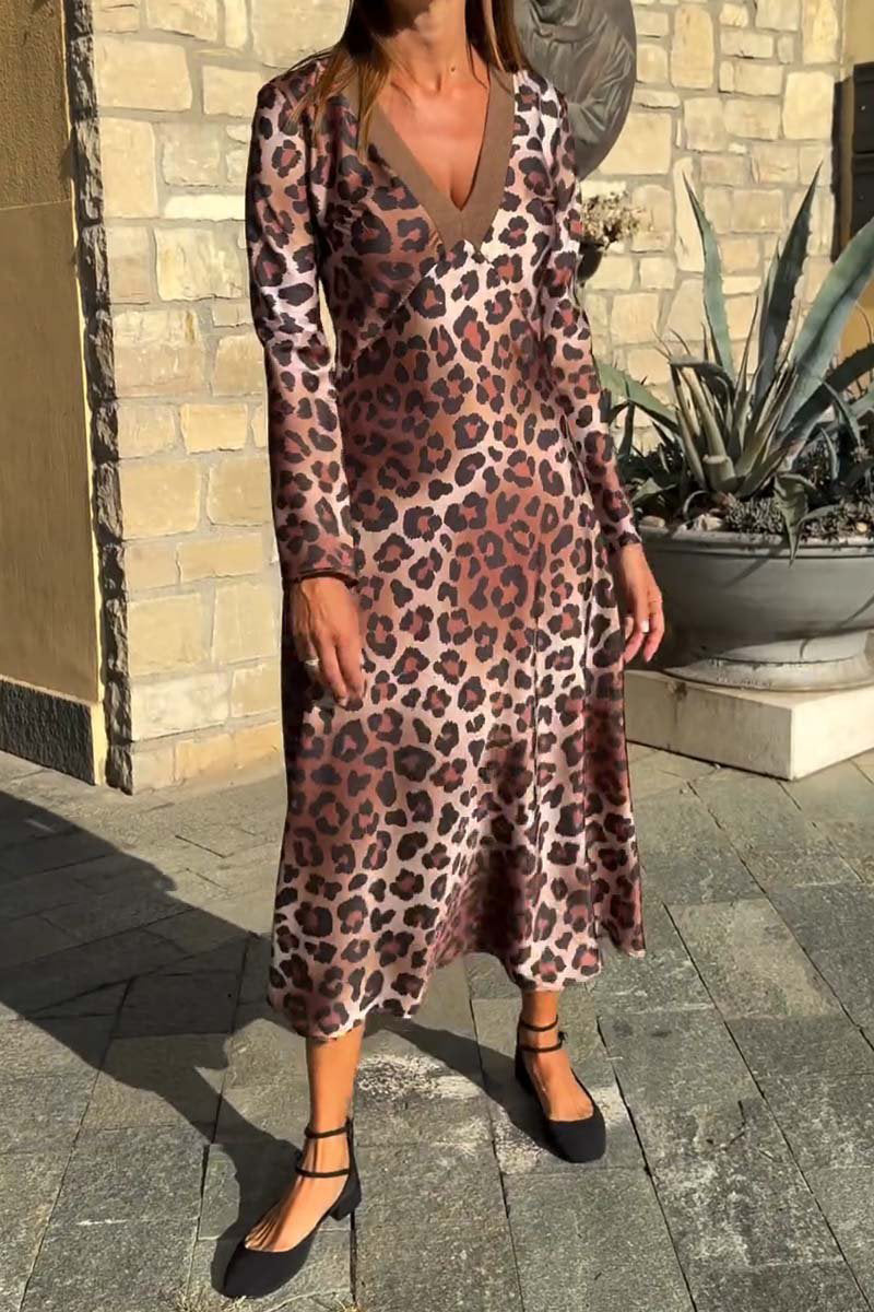 Casual Street Leopard Contrast V Neck Long Sleeve Dresses