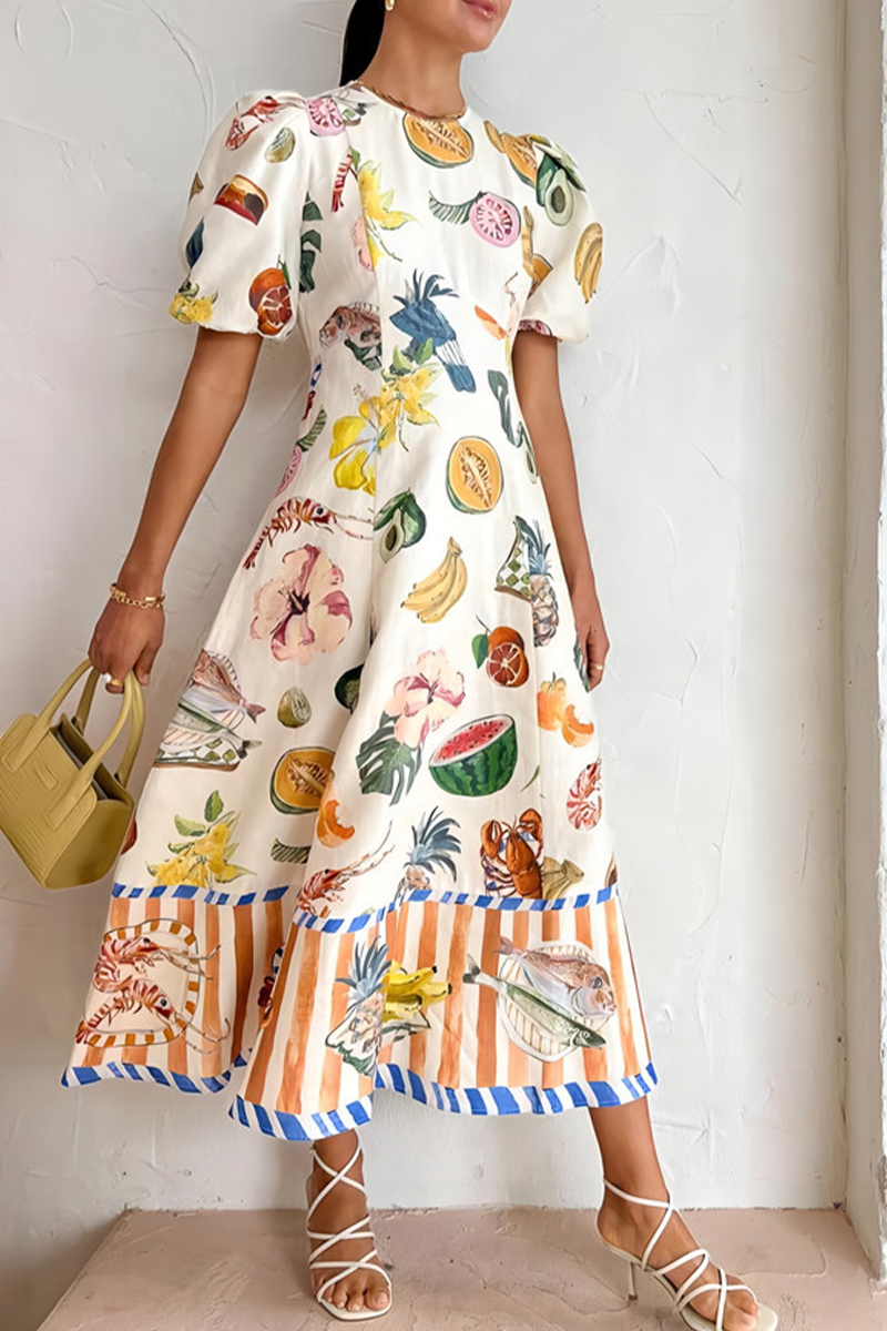 Casual Street Fruit Print Contrast O Neck A Line Short Sleeve Dress