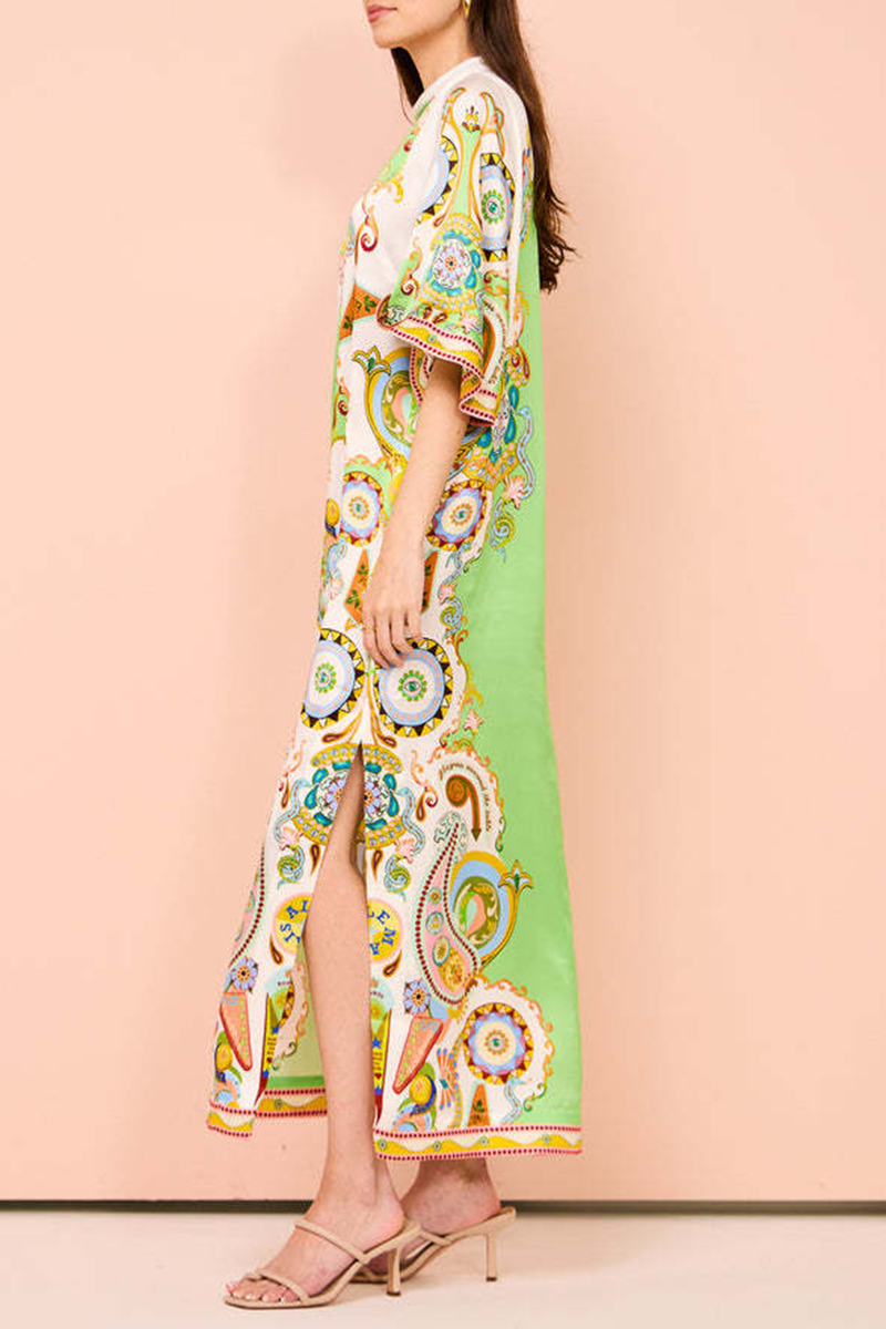 Casual Vacation Graffiti Print Contrast O Neck Long Dresses