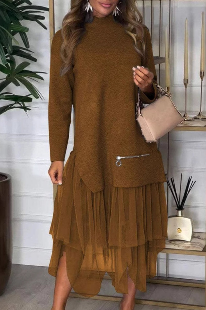 Casual Solid Color Slit Turtleneck Long Sleeve Two Pieces