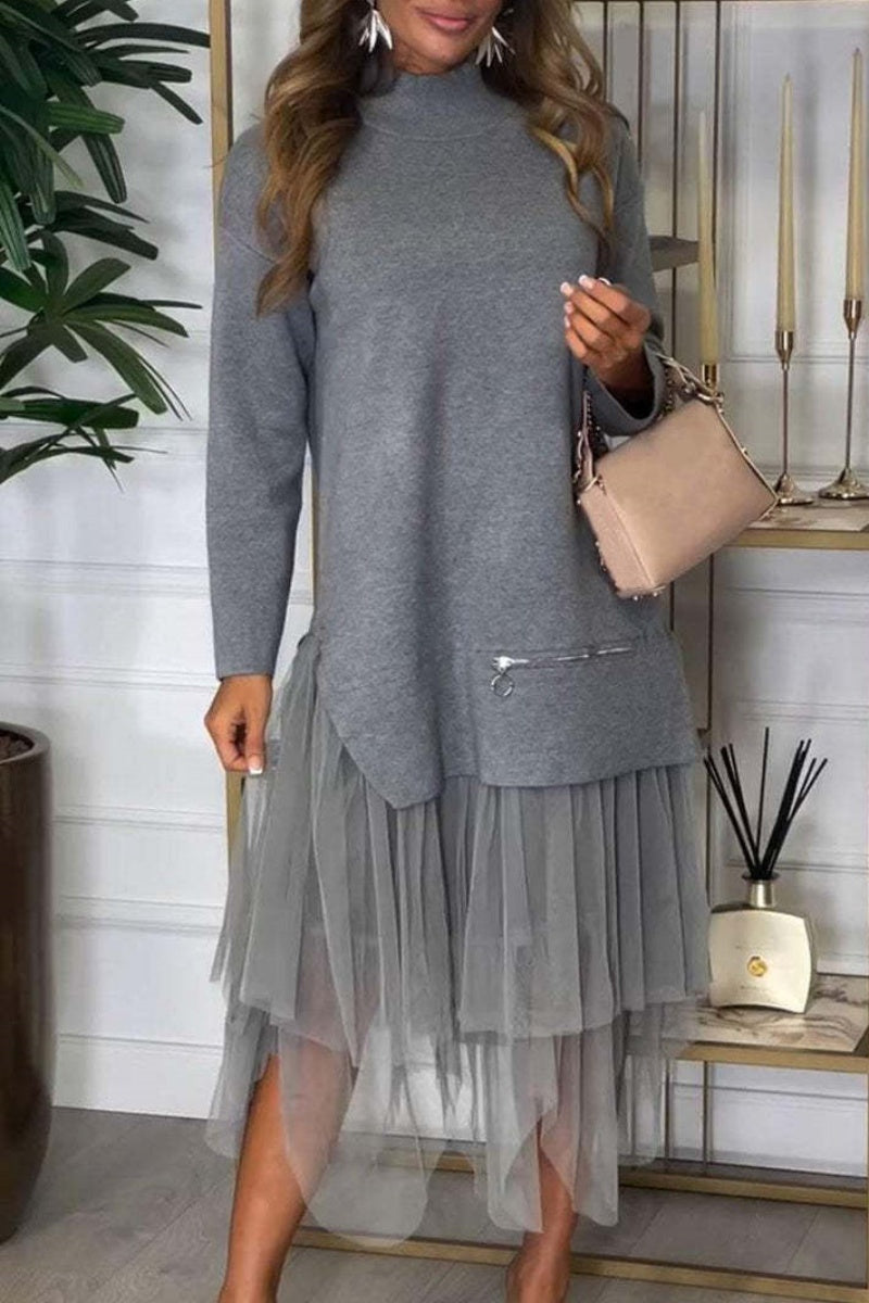 Casual Solid Color Slit Turtleneck Long Sleeve Two Pieces